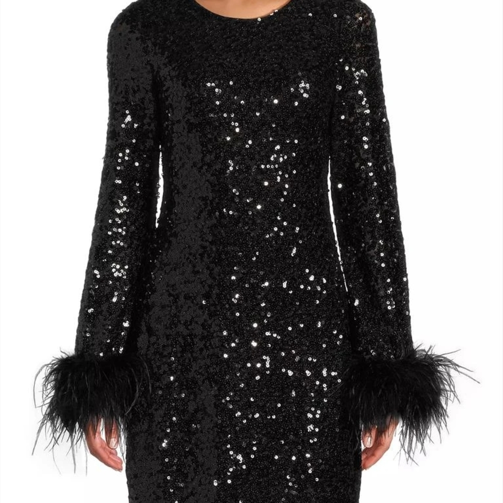 Hutch Aria Black Sequin Cocktail Dress with Bell Sleeves And Feathers.